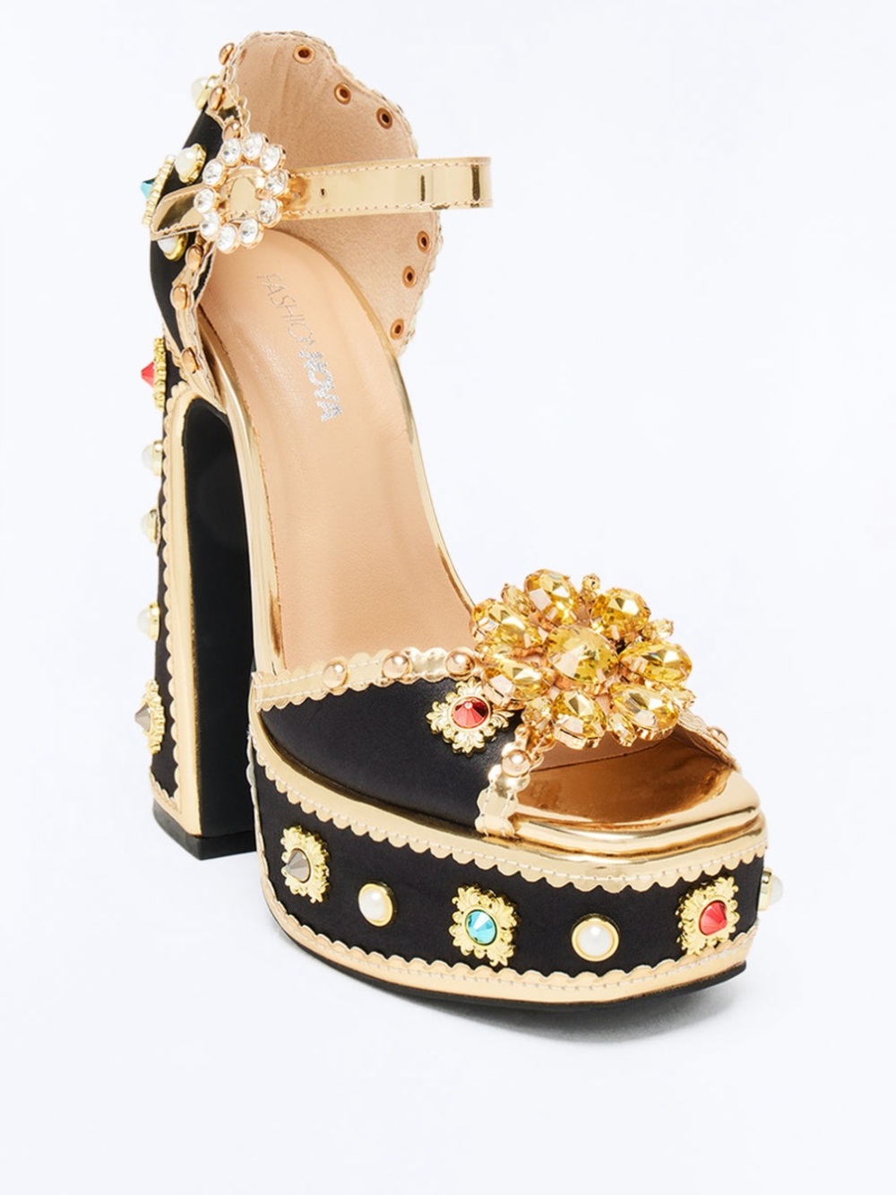 Fashion Nova Black and Gold Jeweled Platform Sandals